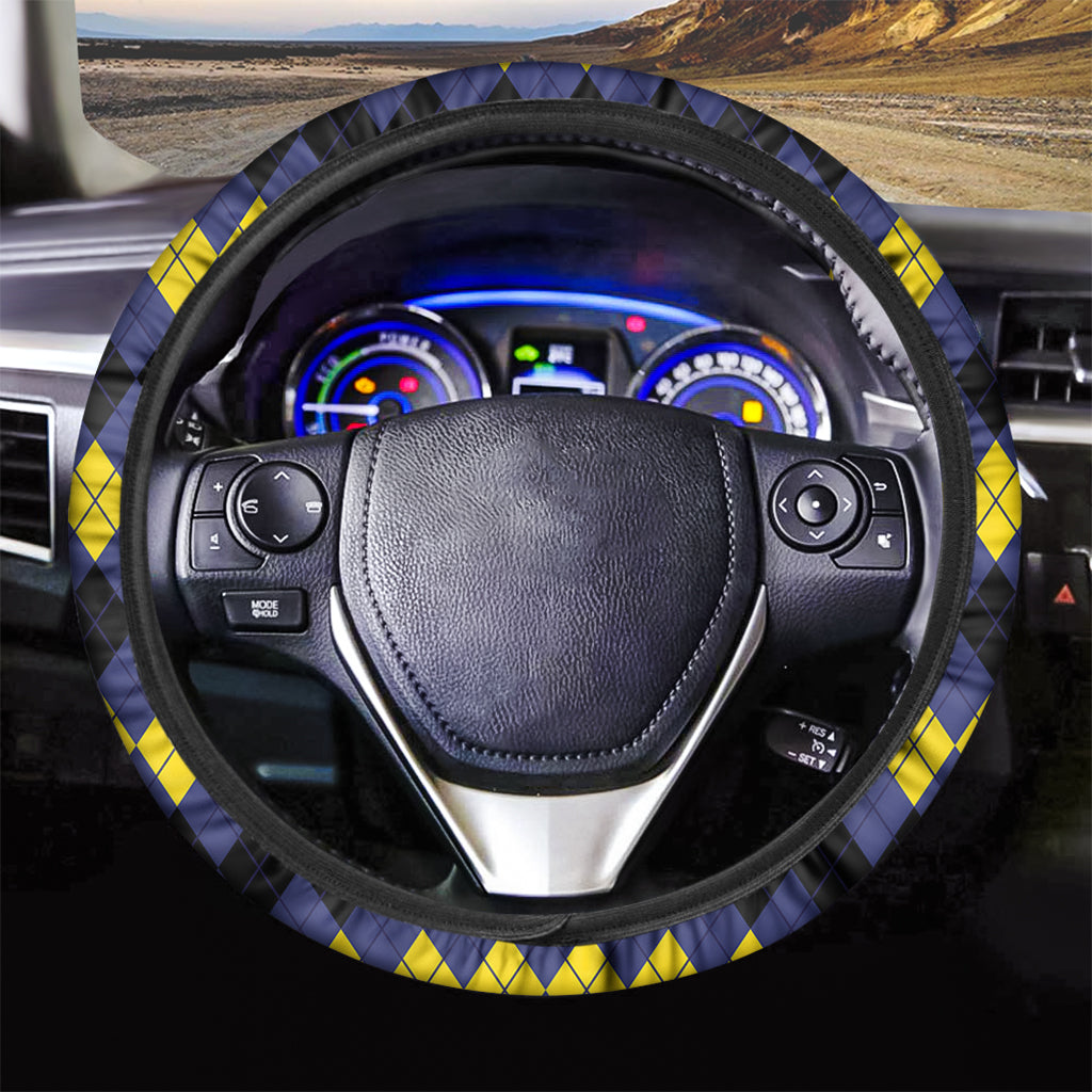 Black Yellow And Blue Argyle Print Car Steering Wheel Cover