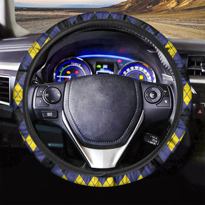 Black Yellow And Blue Argyle Print Car Steering Wheel Cover