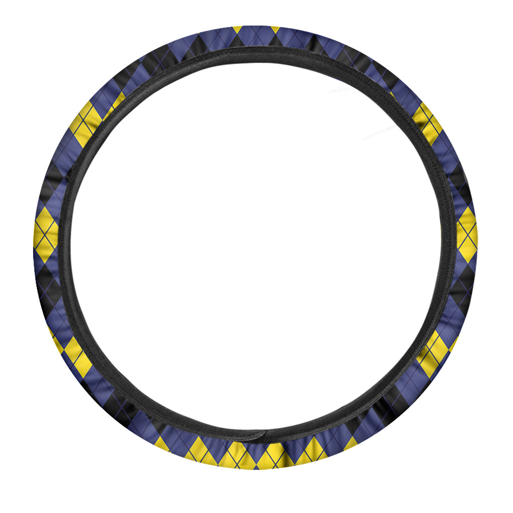 Black Yellow And Blue Argyle Print Car Steering Wheel Cover