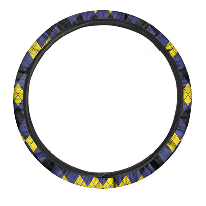 Black Yellow And Blue Argyle Print Car Steering Wheel Cover