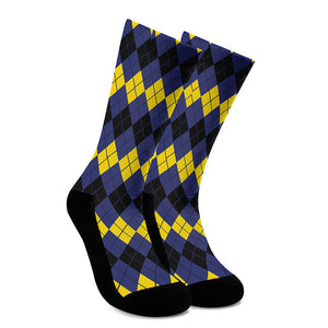 Black Yellow And Blue Argyle Print Crew Socks