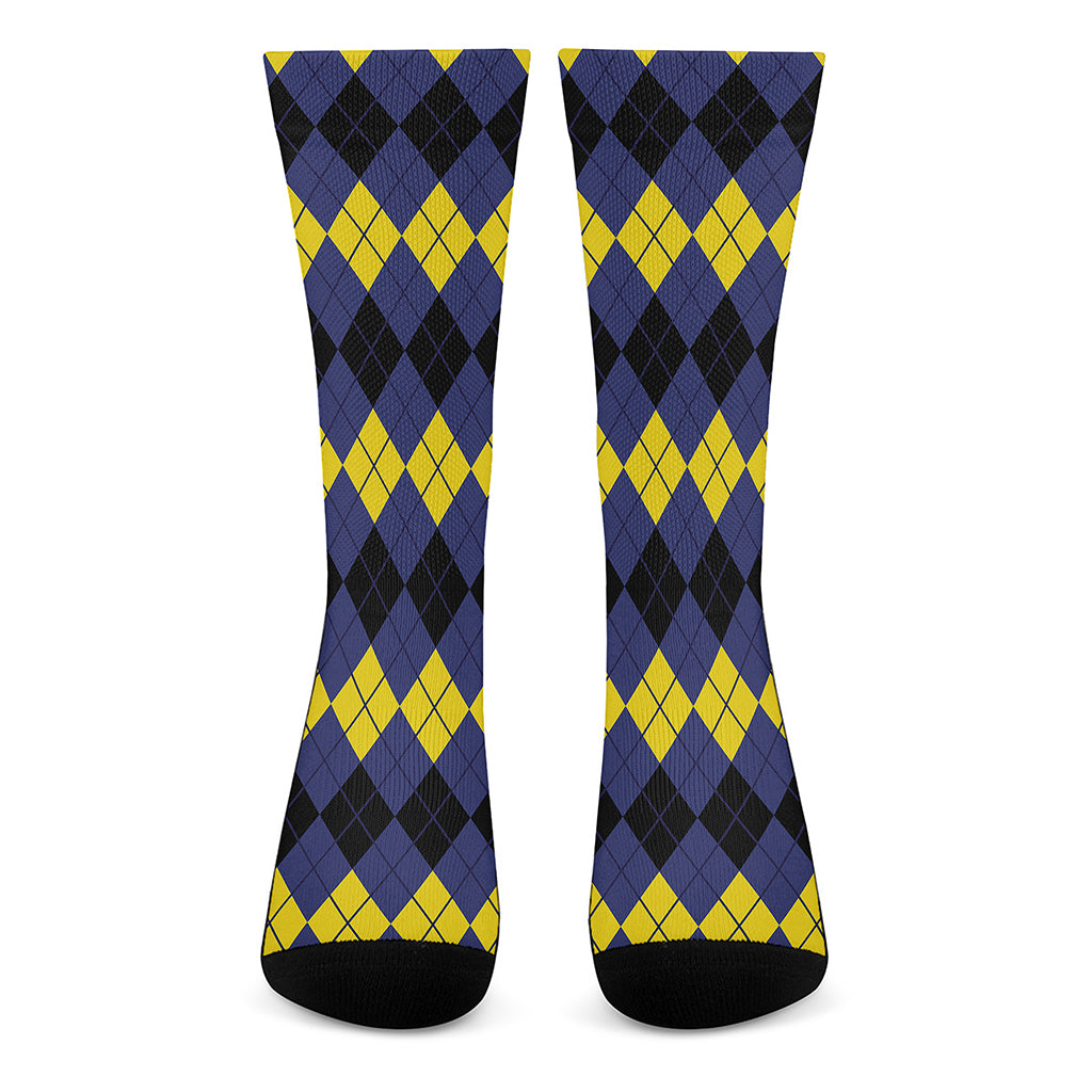 Black Yellow And Blue Argyle Print Crew Socks