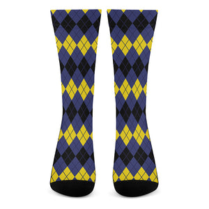 Black Yellow And Blue Argyle Print Crew Socks