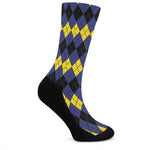 Black Yellow And Blue Argyle Print Crew Socks