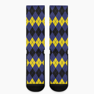 Black Yellow And Blue Argyle Print Crew Socks