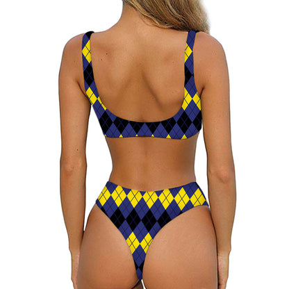 Black Yellow And Blue Argyle Print Front Bow Tie Bikini