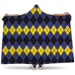 Black Yellow And Blue Argyle Print Hooded Blanket