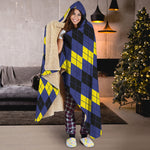 Black Yellow And Blue Argyle Print Hooded Blanket