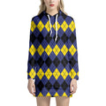 Black Yellow And Blue Argyle Print Pullover Hoodie Dress