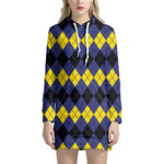 Black Yellow And Blue Argyle Print Hoodie Dress