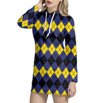 Black Yellow And Blue Argyle Print Hoodie Dress