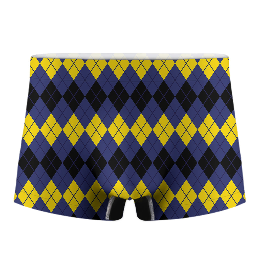 Black Yellow And Blue Argyle Print Men's Boxer Briefs