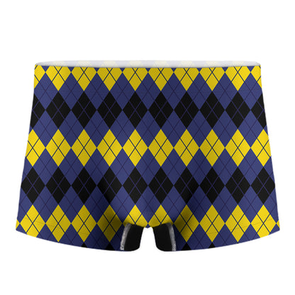 Black Yellow And Blue Argyle Print Men's Boxer Briefs