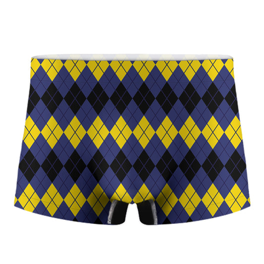 Black Yellow And Blue Argyle Print Men's Boxer Briefs