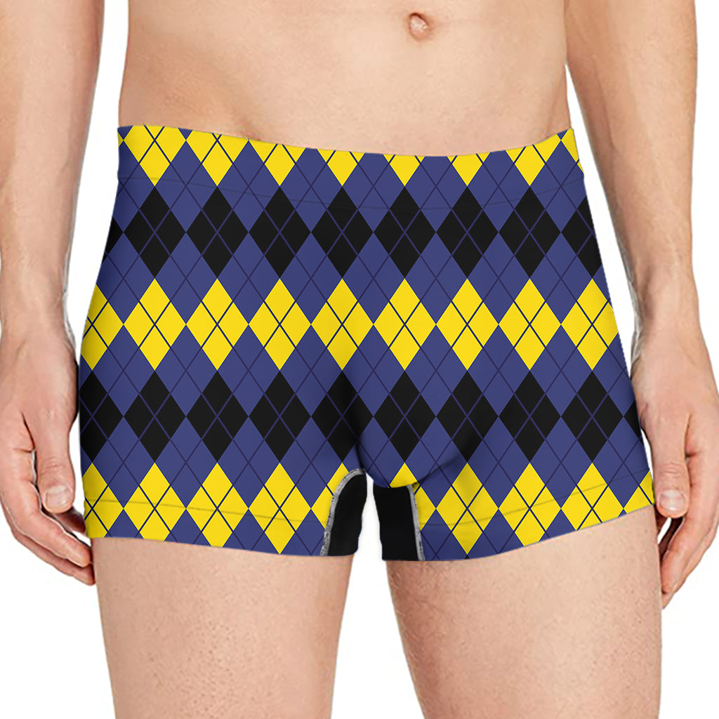 Black Yellow And Blue Argyle Print Men's Boxer Briefs