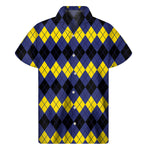 Black Yellow And Blue Argyle Print Men's Short Sleeve Shirt