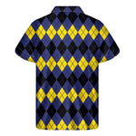 Black Yellow And Blue Argyle Print Men's Short Sleeve Shirt