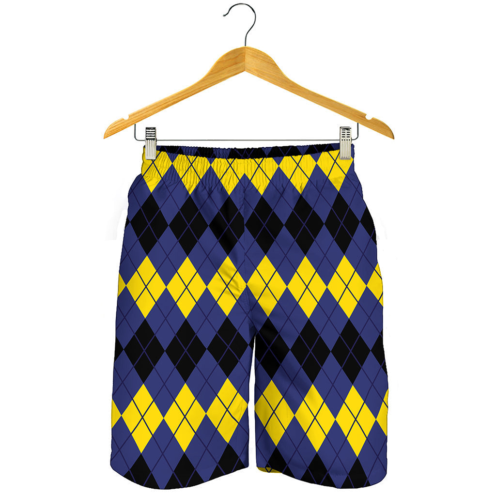 Black Yellow And Blue Argyle Print Men's Shorts