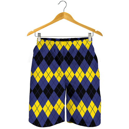 Black Yellow And Blue Argyle Print Men's Shorts