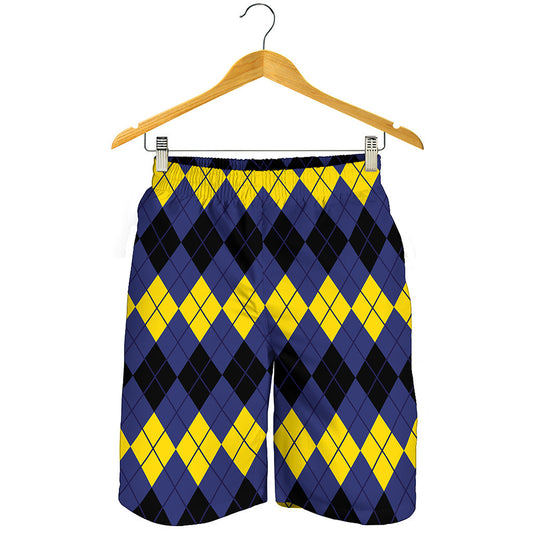 Black Yellow And Blue Argyle Print Men's Shorts