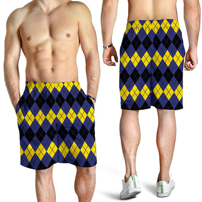 Black Yellow And Blue Argyle Print Men's Shorts