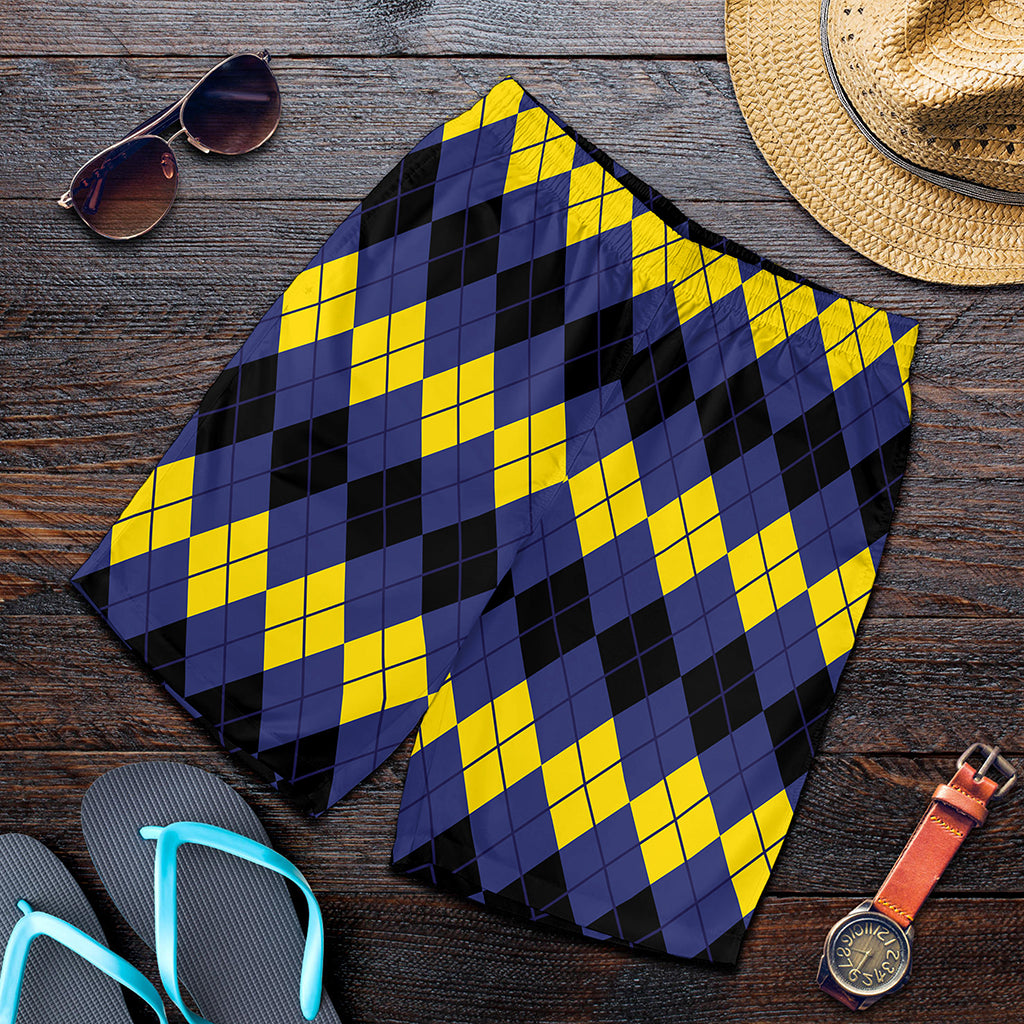 Black Yellow And Blue Argyle Print Men's Shorts