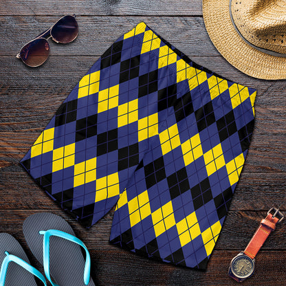 Black Yellow And Blue Argyle Print Men's Shorts