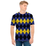 Black Yellow And Blue Argyle Print Men's T-Shirt