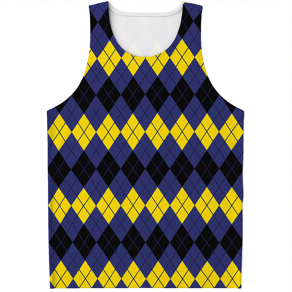 Black Yellow And Blue Argyle Print Men's Tank Top