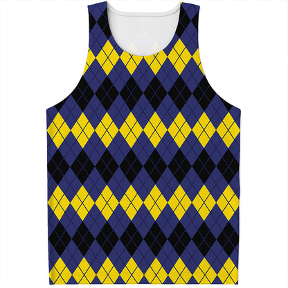 Black Yellow And Blue Argyle Print Men's Tank Top
