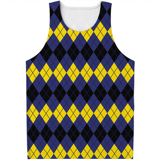 Black Yellow And Blue Argyle Print Men's Tank Top