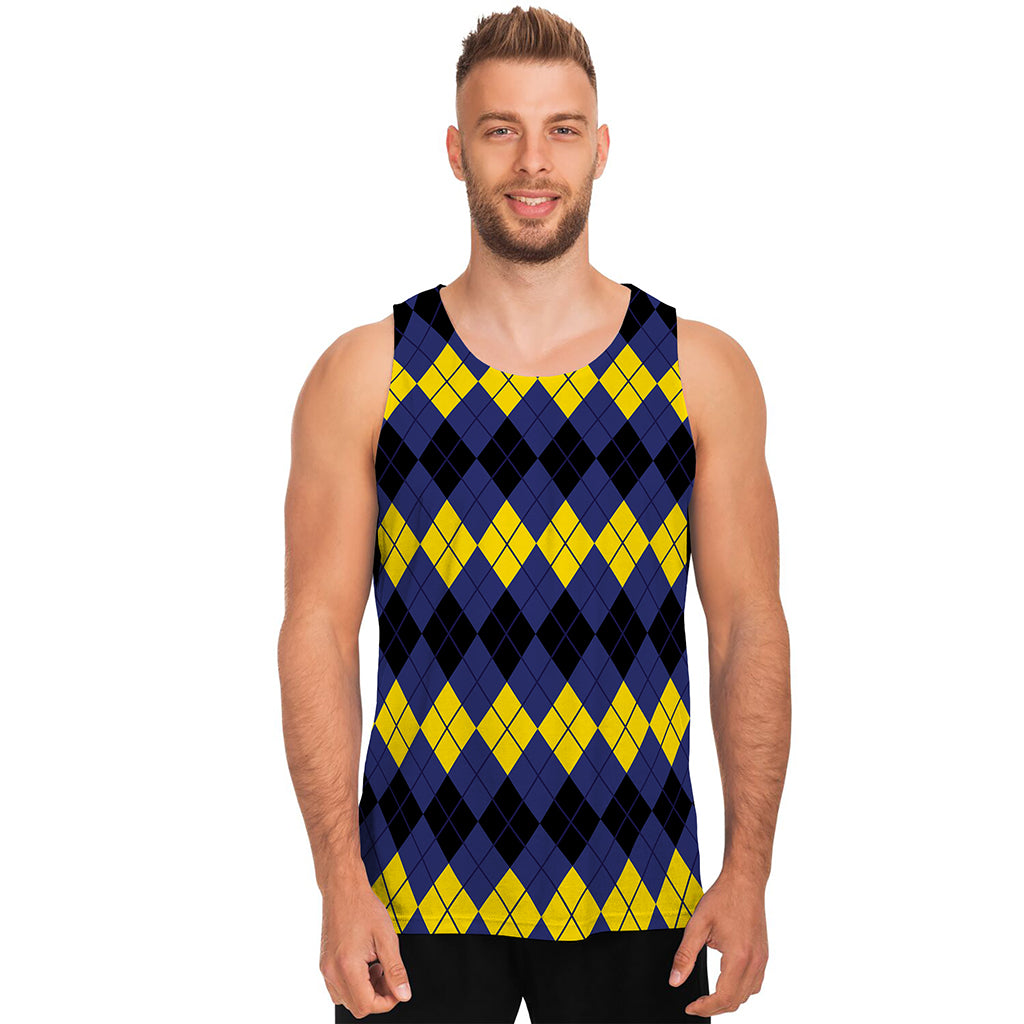 Black Yellow And Blue Argyle Print Men's Tank Top