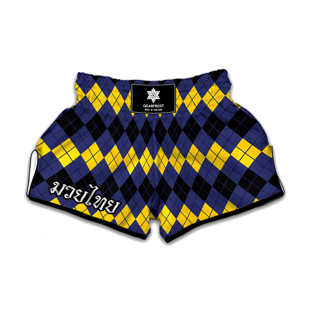 Black Yellow And Blue Argyle Print Muay Thai Boxing Shorts