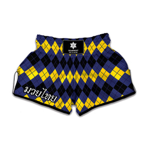 Black Yellow And Blue Argyle Print Muay Thai Boxing Shorts