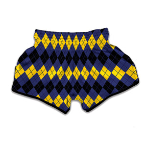 Black Yellow And Blue Argyle Print Muay Thai Boxing Shorts