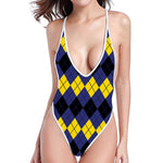 Black Yellow And Blue Argyle Print One Piece High Cut Swimsuit