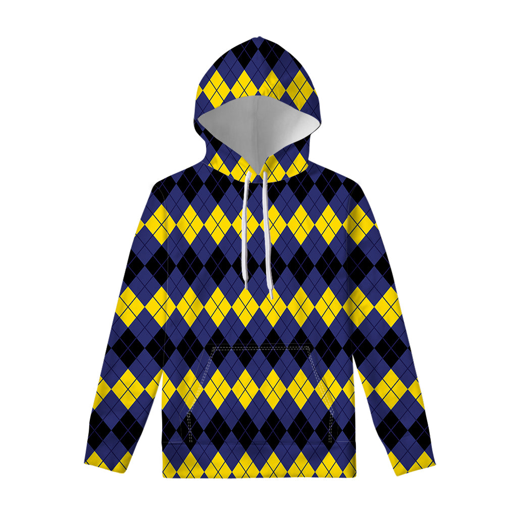 Black Yellow And Blue Argyle Print Pullover Hoodie