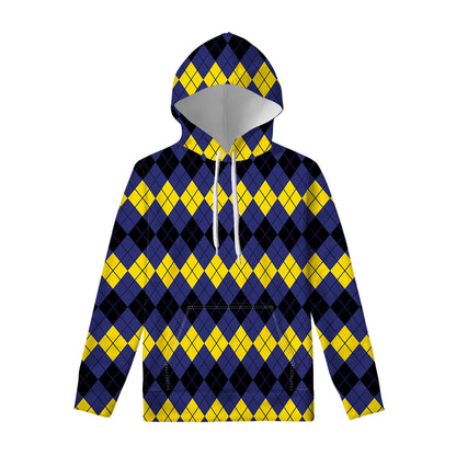 Black Yellow And Blue Argyle Print Pullover Hoodie