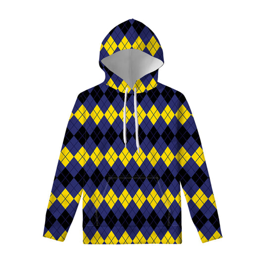 Black Yellow And Blue Argyle Print Pullover Hoodie