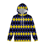 Black Yellow And Blue Argyle Print Pullover Hoodie