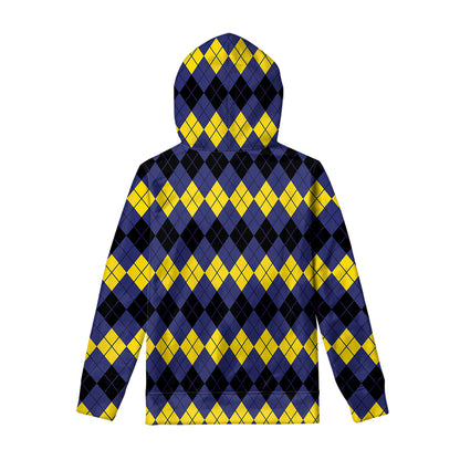 Black Yellow And Blue Argyle Print Pullover Hoodie