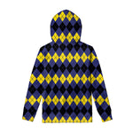 Black Yellow And Blue Argyle Print Pullover Hoodie