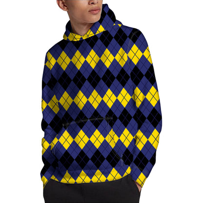 Black Yellow And Blue Argyle Print Pullover Hoodie