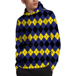 Black Yellow And Blue Argyle Print Pullover Hoodie