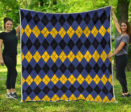 Black Yellow And Blue Argyle Print Quilt