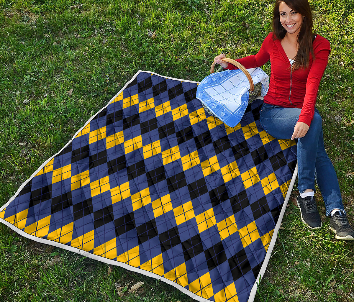 Black Yellow And Blue Argyle Print Quilt