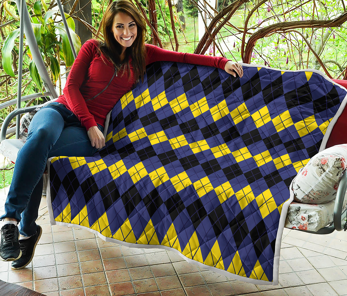 Black Yellow And Blue Argyle Print Quilt