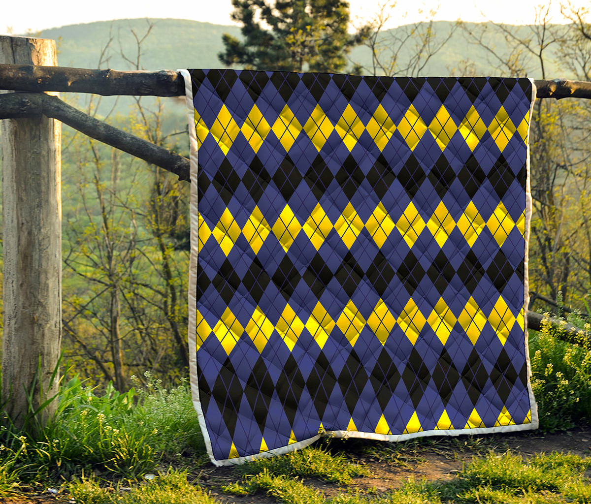 Black Yellow And Blue Argyle Print Quilt