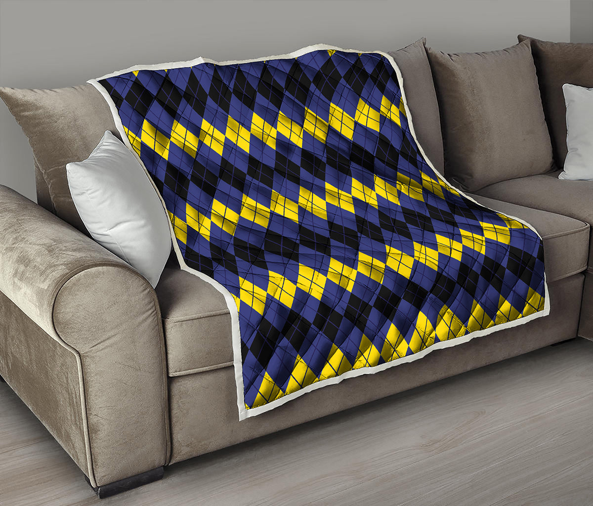 Black Yellow And Blue Argyle Print Quilt