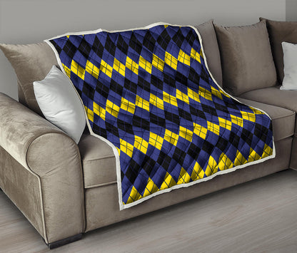 Black Yellow And Blue Argyle Print Quilt